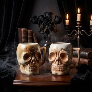 Set of 2 Vintage Orchids of Hawaii Skull Ceramic Mugs R-10 Tiki Bar Halloween